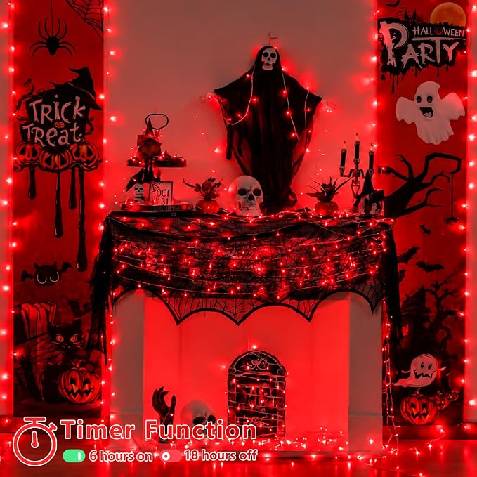 YEGUO 328ft 1000 LED Red Halloween String Lights, Clear Wire Christmas String Lights Indoor, 8 Modes Twinkle Tree Lights Plug in with Timer Memory.