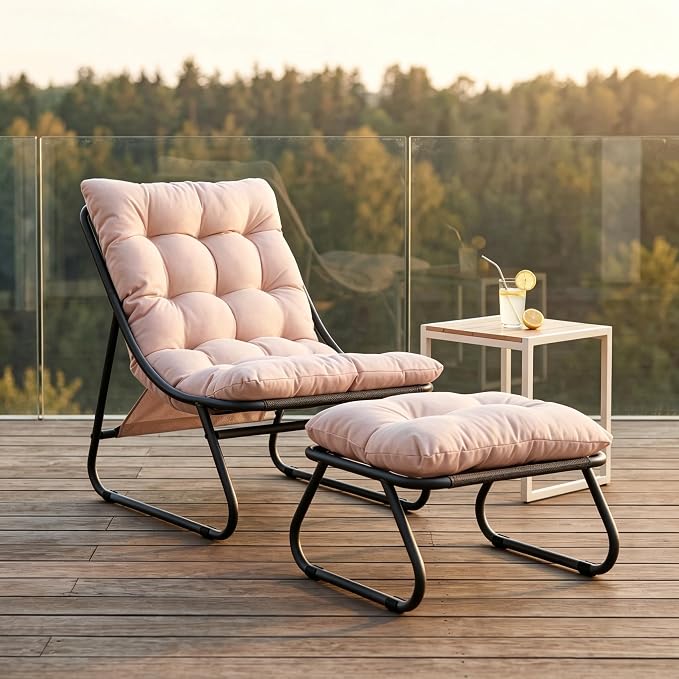 Rocking Chair with Ottoman, Modern Metal Frame Outdoor Rocker, Comfy Patio Lounge Chair with Footrest, Reading Glider Chairs for Living Room, Bedroom, Balcony, Garden, Relax, Pink
