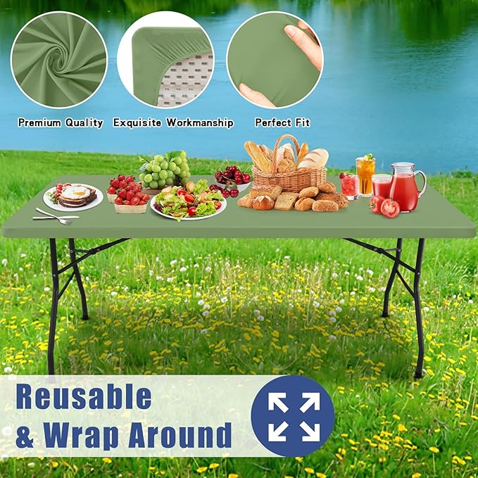 Moosfor Spandex 8 Foot Rectangle Table Cloth, Elastic Fitted Tablecloths for Picnic, Stretch Washable Patio Table Cover for Outdoor, Camping, Banquet and Parties (Sage Green, 30"x96")