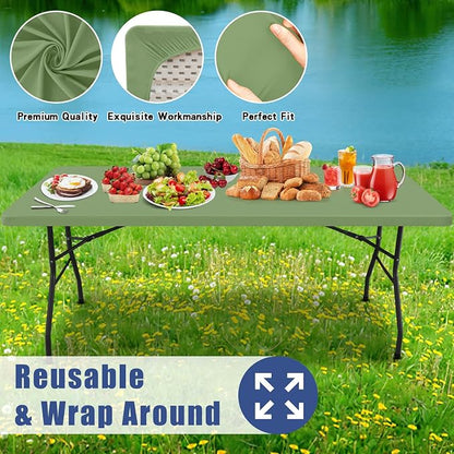 Moosfor 2 Pack Rectangle Spandex Fitted Table Cloth, 6FT Elastic Tablecloth | Washable Picnic Table Cover, Stretch Waterproof Table cloths for Party, Patio, Dining, Kitchen, 18" x 72", Sage Green