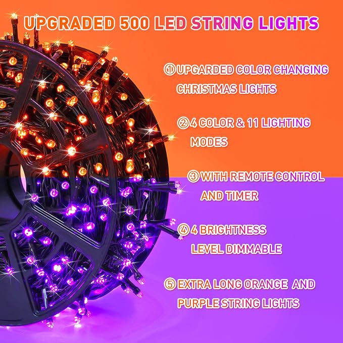 JMEXSUSS 500 LED Halloween Lights Outdoor Orange and Purple with Remote | 173ft Color Changing Halloween String Lights, Waterproof Christmas Tree Lights Plug in for Yard Tree Indoor Decor