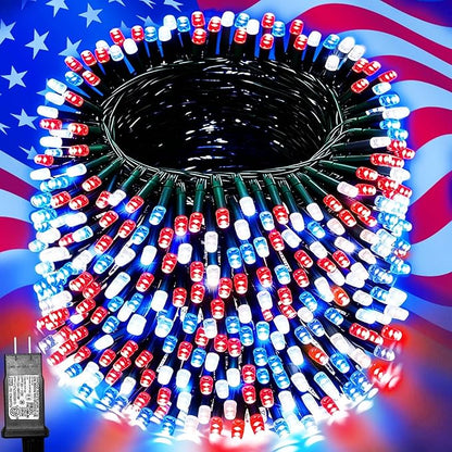 Pooqla 500 LED 164 FT Red White and Blue Lights, 4th of July Patriotic Decoration Twinkle Lights, 8 Modes Plug in 4th of July String Lights for Indoor Outdoor Independence Day Decorations, Green Wire
