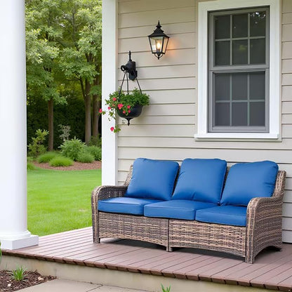 Outdoor Patio Sofa, 3 Seater Sofa with High Back, Deep Seating, Wide Armrest, Thickened Cushions for Deck, Porch Use, Blue