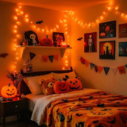 JMEXSUSS 33FT 100 LED Orange Lights for Halloween, Battery Operated | Halloween Lights Outdoor Indoor, 8 Modes Remote String Lights for Yard Tree Front Porch Room House Fence Xmas Decor