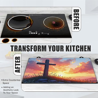 Wood Cross Stove Top Covers for Electric Stove,Easter Sunrise Glass Top Stove Cover, Heat Resistant Range Covers for Electric Stove,Washable Countertop Mat, 28 x 20 Inch