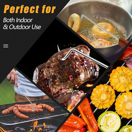 2Pcs Food Flipper Turner Hooks Stainless Steel BBQ Meat Turners Cooking Barbecue Hooks Grill Accessories with Wooden Handle for Grilling & Smoking (17.5 in+12.5 in)