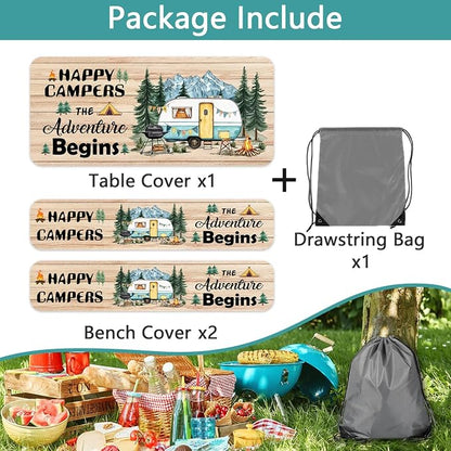 Picnic Table Cover with Bench Covers, Wooden Forest Mountain Camper Waterproof Windproof, Fitted Tablecloth Cover with Elastic Edge, for Indoor & Outdoor, Garden, Camping, 3 PCS 30x96 Inch