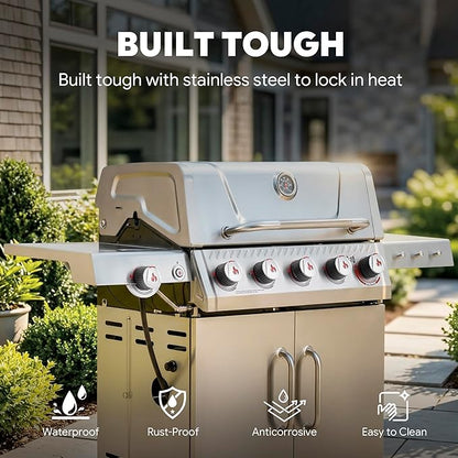 Feasto 5 Burner Propane Gas Grill with Side Burner & Sear Burner, All Stainless Steel BBQ Grill with Porcelain-Enameled Main Cook Chamber & Storage Cabinet for Outdoor Backyard Patio
