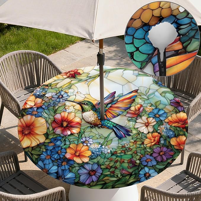 Outdoor Tablecloth with Umbrella Hole and Zipper Fits 61-65" Tables | Waterproof Round Fitted Tablecloth with Elastic Edge, Wipeable Outdoor Table Cover for Patio, Garden, Picnic