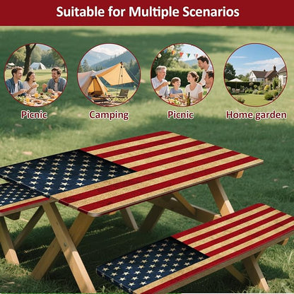 8 ft 96 in Picnic Table and Bench Cover, 3 Pack, US Flag | Drawstring Bag, Waterproof Windproof, Elastic Fitted Edges Tablecloth, for Rectangle Table & Seat, Camping Essentials RV Gear