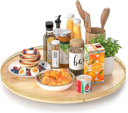 AMH 24-Inch Extra Large Lazy Susan with Solid Oak Base and Black Iron Rail | Smooth rotating oak tray with walnut finish for dining tables, kitchen counters, pantries and cabinet storage.