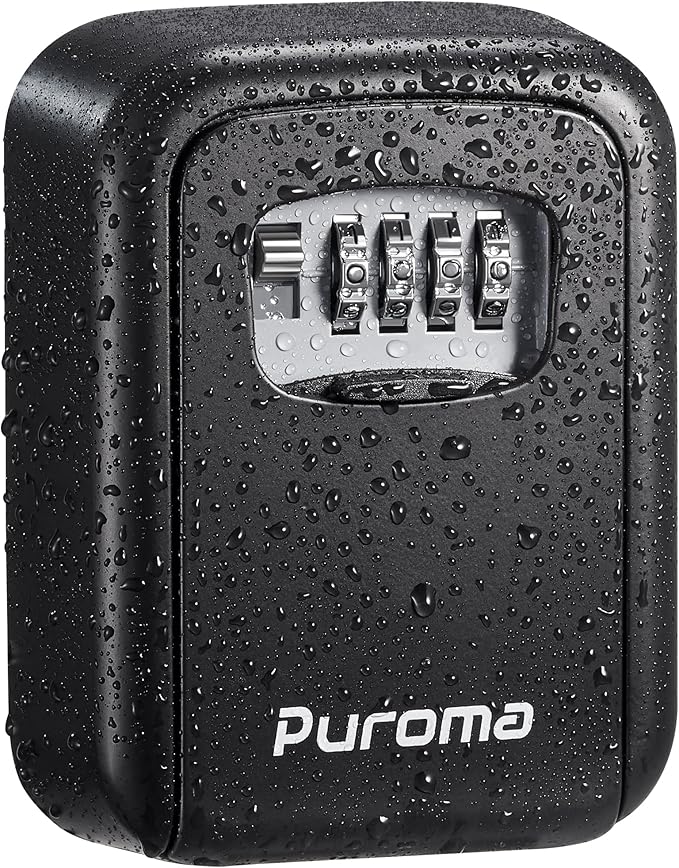 Puroma Security Key Lock Box, 4-Digit Combination Waterproof Safe Storage Lockbox with Code Wall Mount Large Capacity for Outdoor Outside House Dorm Office ID Card (Black)