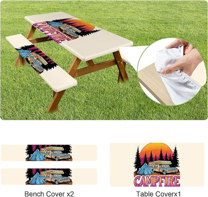 ANNA QUEEN Retro Camping Adventure 6FT Picnic Table Cover with Bench Covers Set of 3 with Drawstring Bag, Vintage Camper 72"x30" Waterproof Picnic Tablecloth & Bench Covers