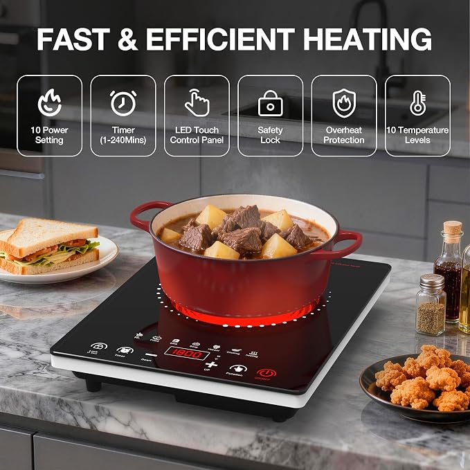 Portable Electric Cooktop GTKZW, 1800W Single Stove Burner Hot Plate with LED Touch Screen, for RV and Dorm