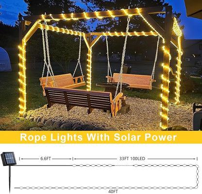 QITONG Warm White Solar Rope Lights, 2 Pack Each 33ft 100 LED String Light Outdoor, 8 Modes Fairy Lights in Clear Thin Tube