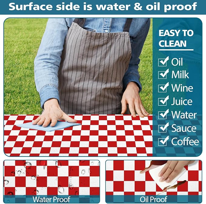 Picnic Table Cover with Bench Covers and Bag, Red and White Checkered Gingham Buffalo Plaid Camping Tablecloth Waterproof Windproof Elastic Edges Fitted Tablecloths for Outdoor Garden 3PCS 30x96 Inch