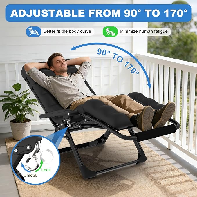 Slendor Zero Gravity Chair, Zero Gravity Lounge Chair with Upgraded Lock and Removable Cushion, Reclining Camping Chair with Cup Holder, Folding Recliner for Indoor and Outdoor, Black