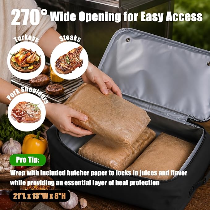 BBQ Blanket for Resting Meat, 270° Opening Leak-Proof Insulated Meat Resting Bag with Butcher Paper, BBQ Brisket Blanket for Pork Shoulder/Steak/Turkey, Smoker Grilling Accessories Gifts for Men/Dad