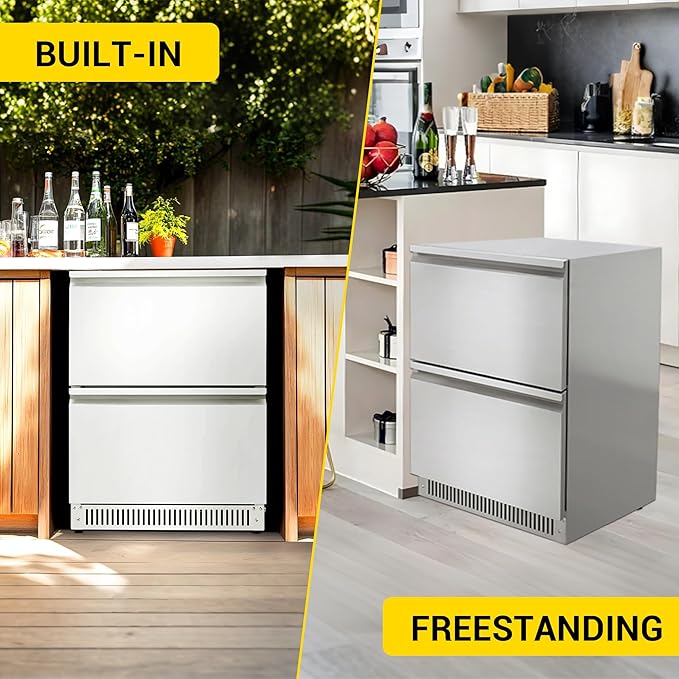 CT Copper Tailor 24 Inch Outdoor Dual Drawer Fridge,Stainless Steel Beverage Refrigerator,Freestanding or Built-In Installation,LED Touch Control,Fit for Home & Commercial Use.(4.2 Cu.Ft)