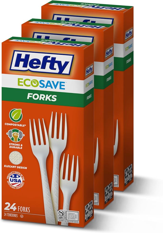 Hefty ECOSAVE Compostable Forks, 3 Pack, Disposable Forks for BBQs, Tailgates, Camping, Parties, and More, Strong and Durable Construction, Sustainable Design, 24 Forks per Pack, 72 Forks Total