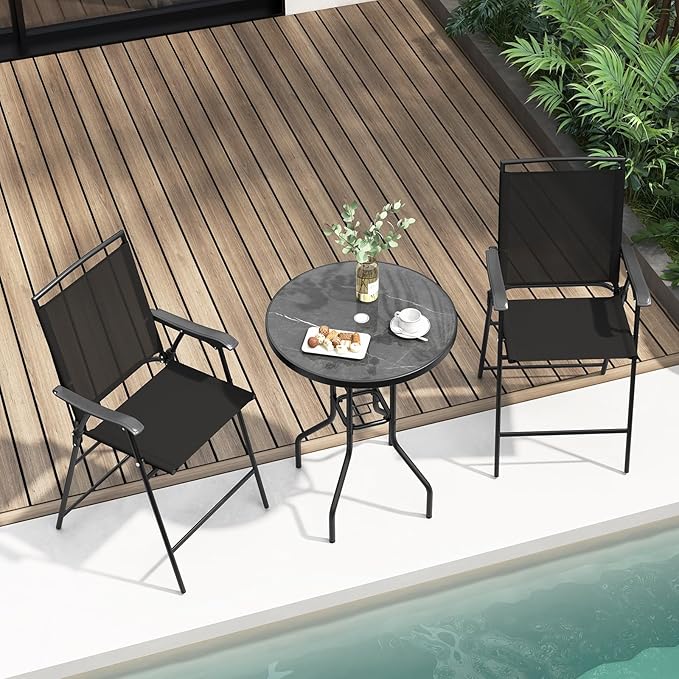 COSTWAY 3 PCS Patio Table and Chairs Set, Bistro Furniture with DPC Tabletop, Umbrella Hole, Outdoor Bar Set with Round Table and 2 Folding Counter Height Chairs for Poolside, Deck, Porch, Black