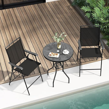 COSTWAY 3 PCS Patio Table and Chairs Set, Bistro Furniture with DPC Tabletop, Umbrella Hole, Outdoor Bar Set with Round Table and 2 Folding Counter Height Chairs for Poolside, Deck, Porch, Black