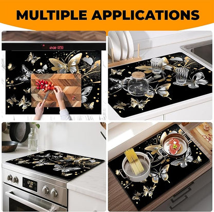 Silicone Glass Stove Top Cover- Mat for Electric Stove Protector with Anti-Slip Rubber Coating Scratch-Resistant XL Dish Drying Mats For Kitchen (Butterfly, 30"L x 21"W)
