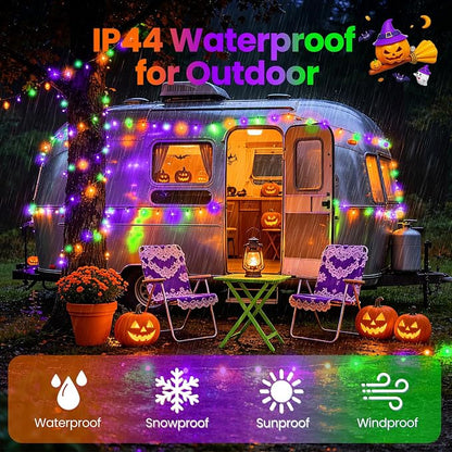 Halloween Lights Outdoor Solar String Lights Waterproof for Halloween Decorations, Total 100LED 45FT for Garden Yard Pathway Fence, Orange Purple Green 8 Modes 50LED x 2 Packs
