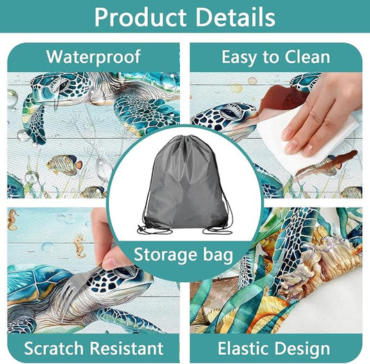 Ocean Sea Turtles Picnic Table Cover with Bench Covers and Bag, Camping Essentials, Waterproof Windproof, Fitted Tablecloth Cover with Elastic Edge, for Indoor & Outdoor, Garden, 3 PCS, 30x96 Inch