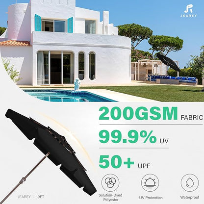 JEAREY 3 Tiers 9 FT Patio Umbrellas Outdoor Table Umbrella with Push Button Market Umbrella 8 Sturdy Ribs UV Protection Waterproof for Garden,Black