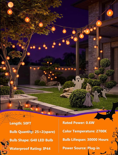 50FT Halloween Orange G40 LED Outdoor String Lights Plug in, 25 Globe Bulbs | Waterproof Patio Lights, Connectable Halloween Decorative Outdoor Lights for Party, Porch, Garden, Yard, Balcony, Backyard