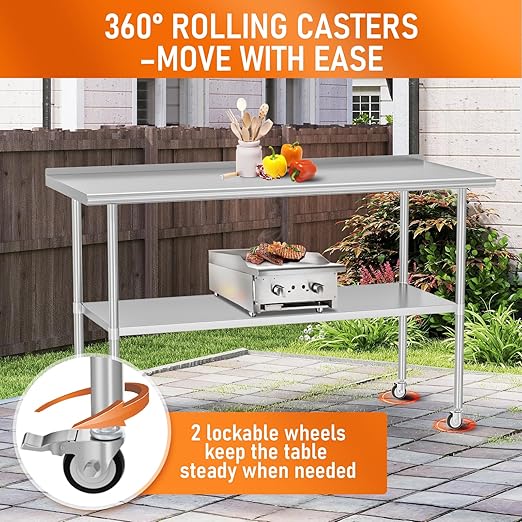 Stainless Steel Prep Table 30" X 60" with Adjustable Undershelf, Backsplash and Wheels, Commercial Metal Workstations for Kitchen, Garage, Home and Hotel