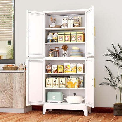 75" H Tall Kitchen Pantry Cabinet, Pantry Storage with Doors and 3 Adjustable Shelves, Metal Storage, Cupboard for Kitchen, White
