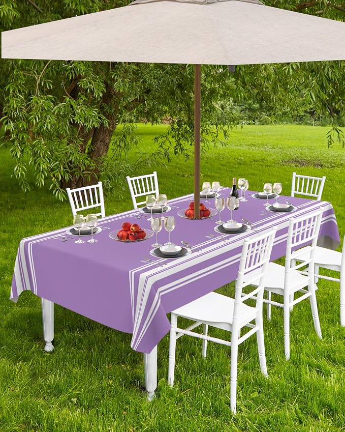 Farmhouse Outdoor Tablecloth with Umbrella Hole, Purple White Stripe Rectangle Tables Zippered Table Cloth Waterproof Tabletop Table Cover Collection for Patio, Garden, Picnic, Camping, Dining