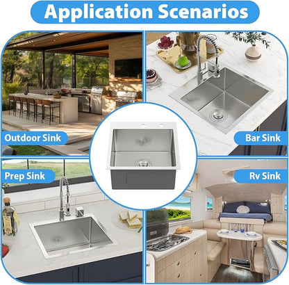 18 Drop In Bar Sink 18 x 18 Inch Kitchen Sink 18 Gauge Stainless Steel Single Bowl Topmount Handmade Sink for Outdoor, RV, 18x18x9