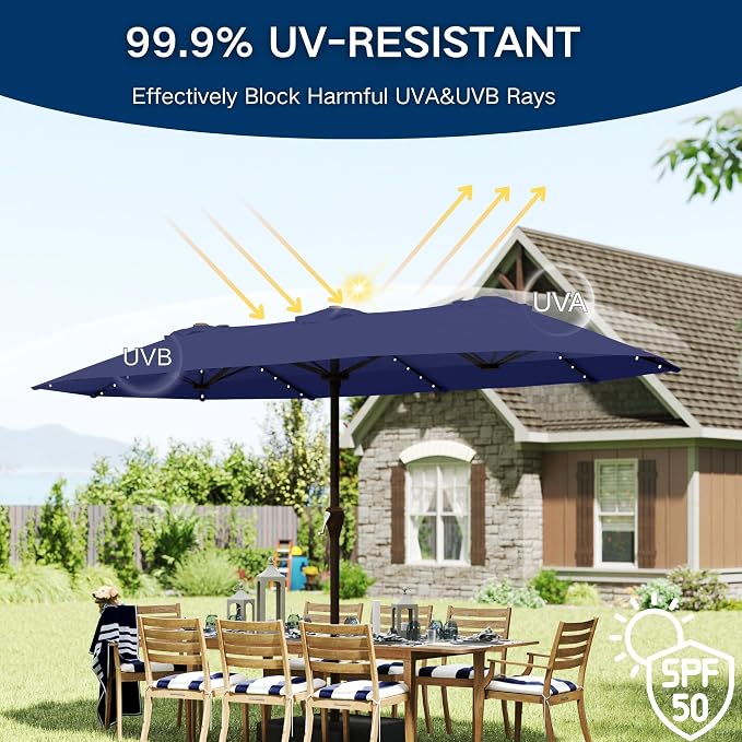 15ft Large Patio Umbrella with Solar Lights and Base, Double-Sided Outdoor Rectangle Umbrella with 48 LED Lights, Market Table Umbrellas with UV Resistant Canopy