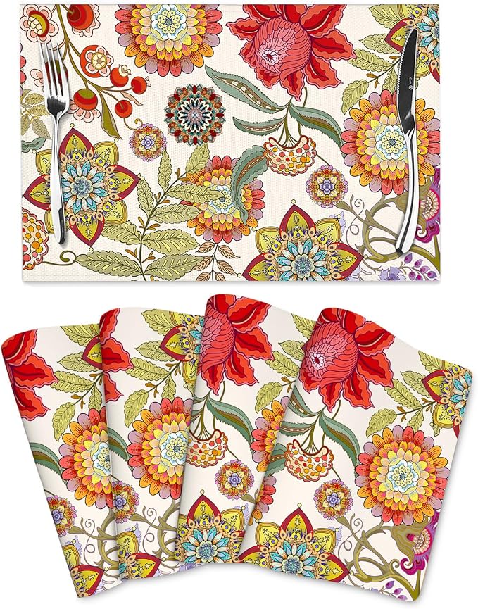 Boho Floral Placemats Set of 4, Colorful Decorative Place Mats | Flower Table Mats for Kitchen Dining Table, Washable Linen Placemat 12"x18", Housewarming Gifts for New Home