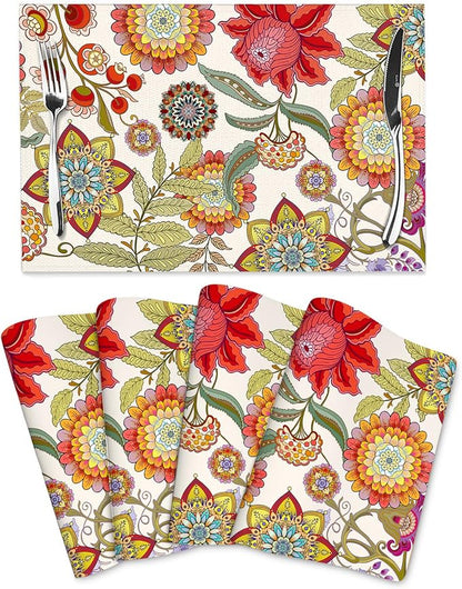 Boho Floral Placemats Set of 4, Colorful Decorative Place Mats | Flower Table Mats for Kitchen Dining Table, Washable Linen Placemat 12"x18", Housewarming Gifts for New Home