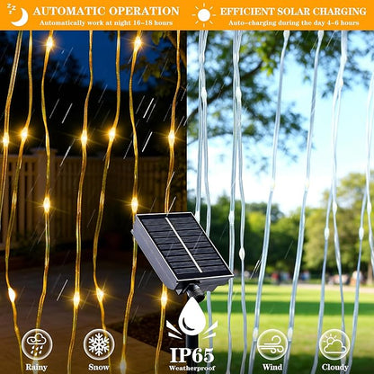Solar Curtain Lights Outdoor Waterproof, 300LED 9.8x9.8FT Fairy String Lights with USB-C & Solar Charging, Remote Timer Twinkle Waterfall Lights for Patio Garden Wedding Decor (Warm)