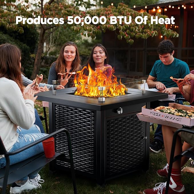 Ciays Propane Fire Pit, 28″ Outdoor Gas Fire Pit, 50,000 BTU Steel Fire Table with Glass Wind Guard, Lid & Lava Rock, Add Warmth and Ambience to Gatherings On Patio Deck Garden (2 Packages)