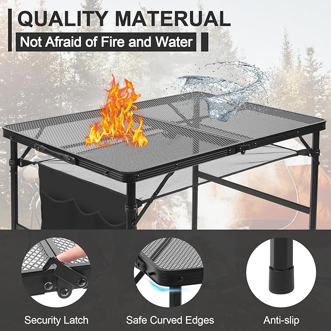 Folding Matel Grill Table, 3x2 FT Portable Camping Table | Lightweight Height Adjustable Metal Picnic Outdoor Table with Mesh Desktop and Mesh Bag, Beach and BBQ, Party