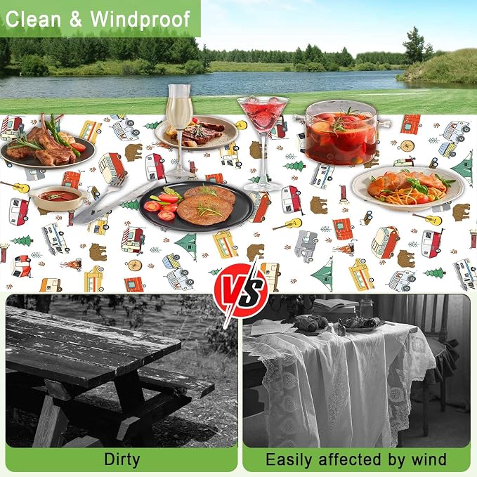Picnic Table Cover with Bench Covers and Bag, Camping Rv Essentials, Waterproof Windproof Fabric, Fitted Tablecloth Cover with Elastic Edge, 3 PCS, 30x96 Inch, White