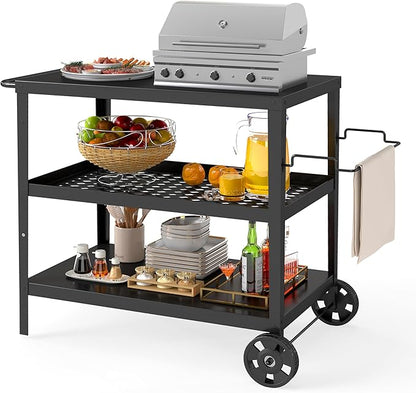3-Tier Outdoor Grill Table, BBQ Prep Cart with Metal Top Storage Shelves, Rolling Grill Cart with Wheels, Tool Hooks & Gas Tank Holder, Iron Grill Side Table for Patio Backyard Outdoor Kitchen