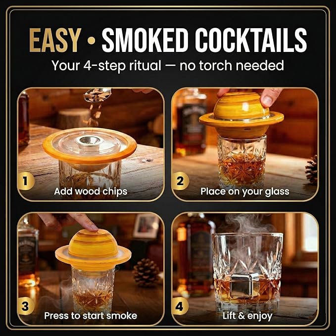 Electric Cocktail Smoker Kit - Rechargeable Whiskey Smoker with 6 Wood Chip Flavors, Flame-Free, USB-C Charging, Old Fashioned & Bourbon Gift Set for Men, Husbands & Dads
