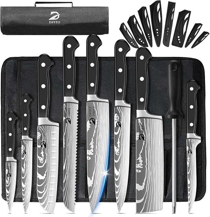 Dfito Chef Knife Set with Roll Bag, 9PCS Professional Knife Set with Sharpener, High Carbon Stainless Steel Kitchen Knife Set with Anti-Slip Ergonomic Handle for Camping, Travel, BBQ, RV or Gift Black