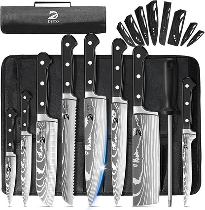 Dfito Chef Knife Set with Roll Bag, 9PCS Professional Knife Set with Sharpener, High Carbon Stainless Steel Kitchen Knife Set with Anti-Slip Ergonomic Handle for Camping, Travel, BBQ, RV or Gift Black