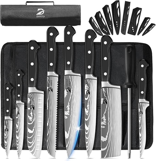 Dfito Chef Knife Set with Roll Bag, 9PCS Professional Knife Set with Sharpener, High Carbon Stainless Steel Kitchen Knife Set with Anti-Slip Ergonomic Handle for Camping, Travel, BBQ, RV or Gift Black