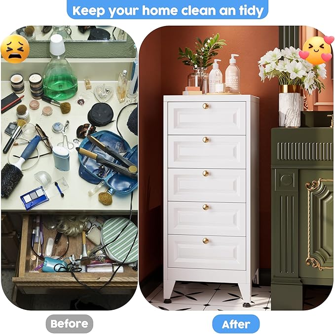 Metal Bathroom Storage Cabinet with 5 Drawers, Freestanding Bathroom Floor Cabinet for Home, Living Room, Assembly Required, White, 39.4" H x 16.6" W x 15.8" D
