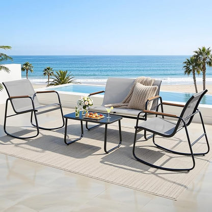 DWVO 4-Piece Rocking Patio Furniture Set, Textilene Conversation Set, Grey | Heavy-duty Patio Set w/Breathable Fabric, Smooth Rocking, Wooden Armrest, Tempered Glass Table, Easy Assembly and Cleaning