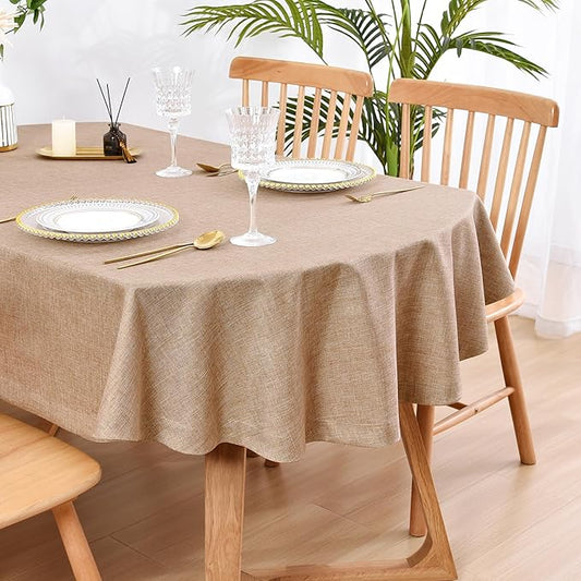 Wolkemer Faux Linen Oval Tablecloth Heavy Duty Wrinkle Resistant Fabric Table Cloths 60 x 102 Inch Flaxen Farmhouse Rustic Table Cover for Kitchen Dining Indoor Outdoor Tabletop Decoration